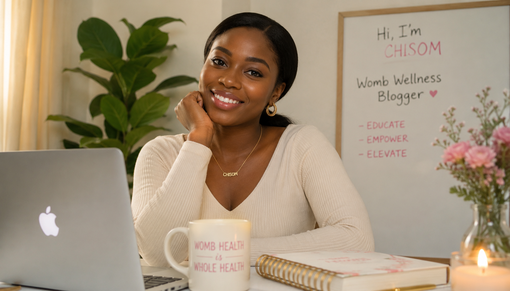 Chisom, Womb Wellness blogger, at her desk